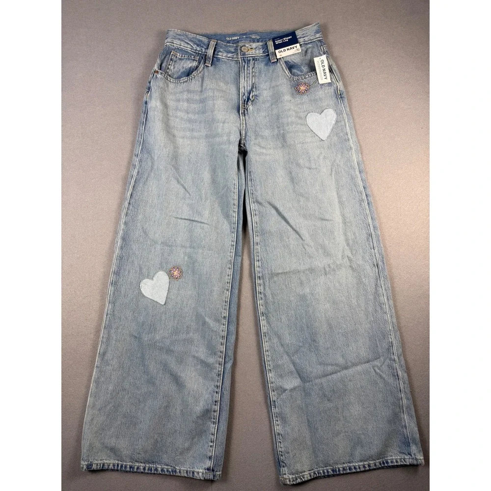Old Navy Kids Super Baggy Wide Leg Jeans Light Wash Heart Floral Size 16 NWT